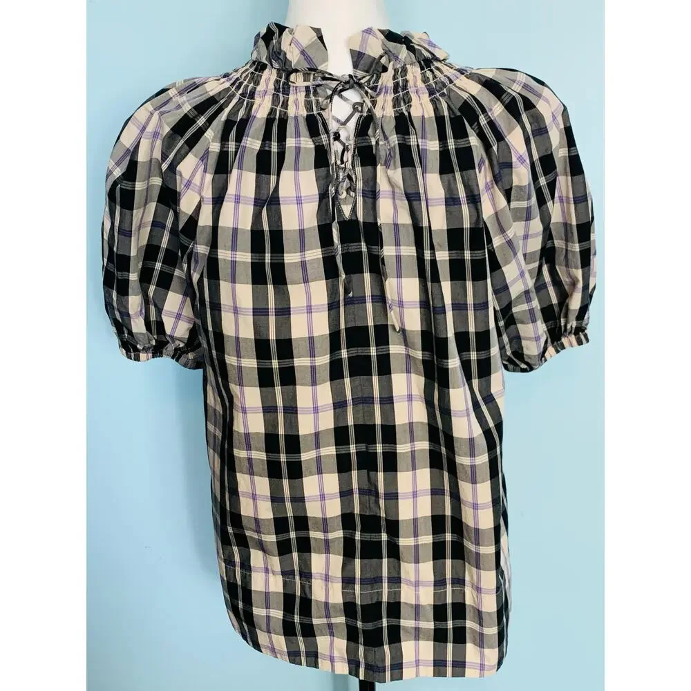 J. Crew Smocked-Neck Puff-Sleeve Top in Friday Plaid Size XS
